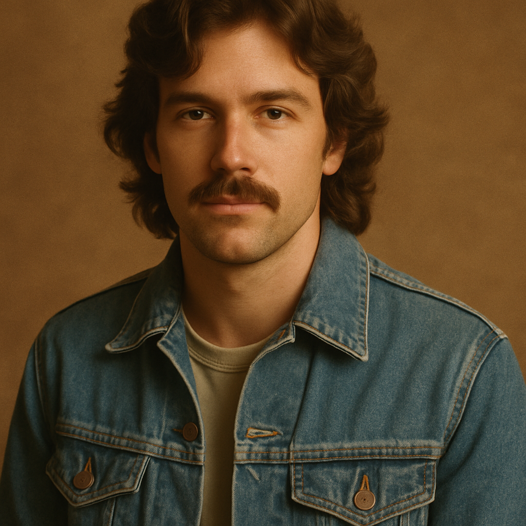 Portrait of a man with medium-length wavy hair and a vintage denim jacket, warm studio lighting