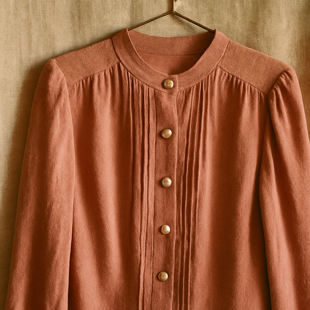 Close-up film photograph of a dusty rose 1980s blouse with subtle pleats and pearly buttons, hanging against a neutral linen backdrop