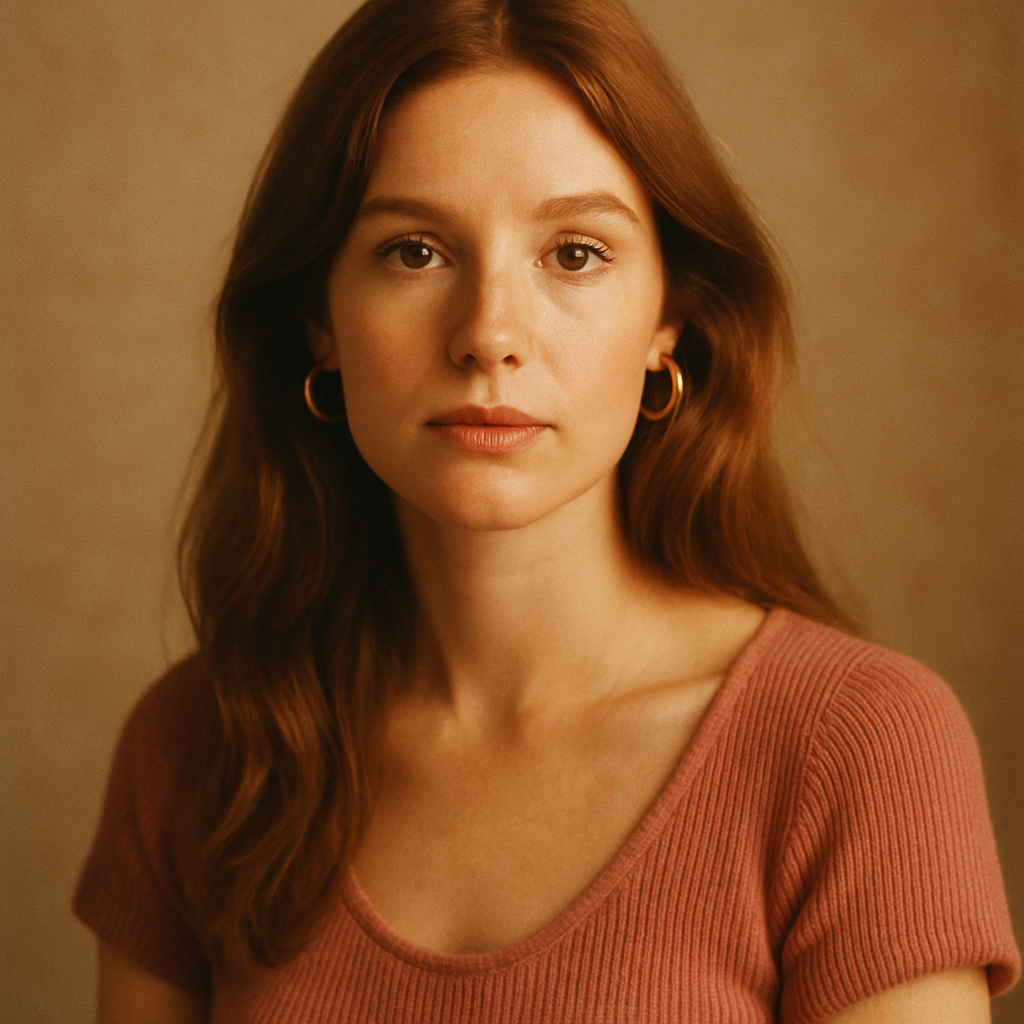 Portrait of a woman with long auburn hair, wearing a dusty rose knit top and gold hoop earrings