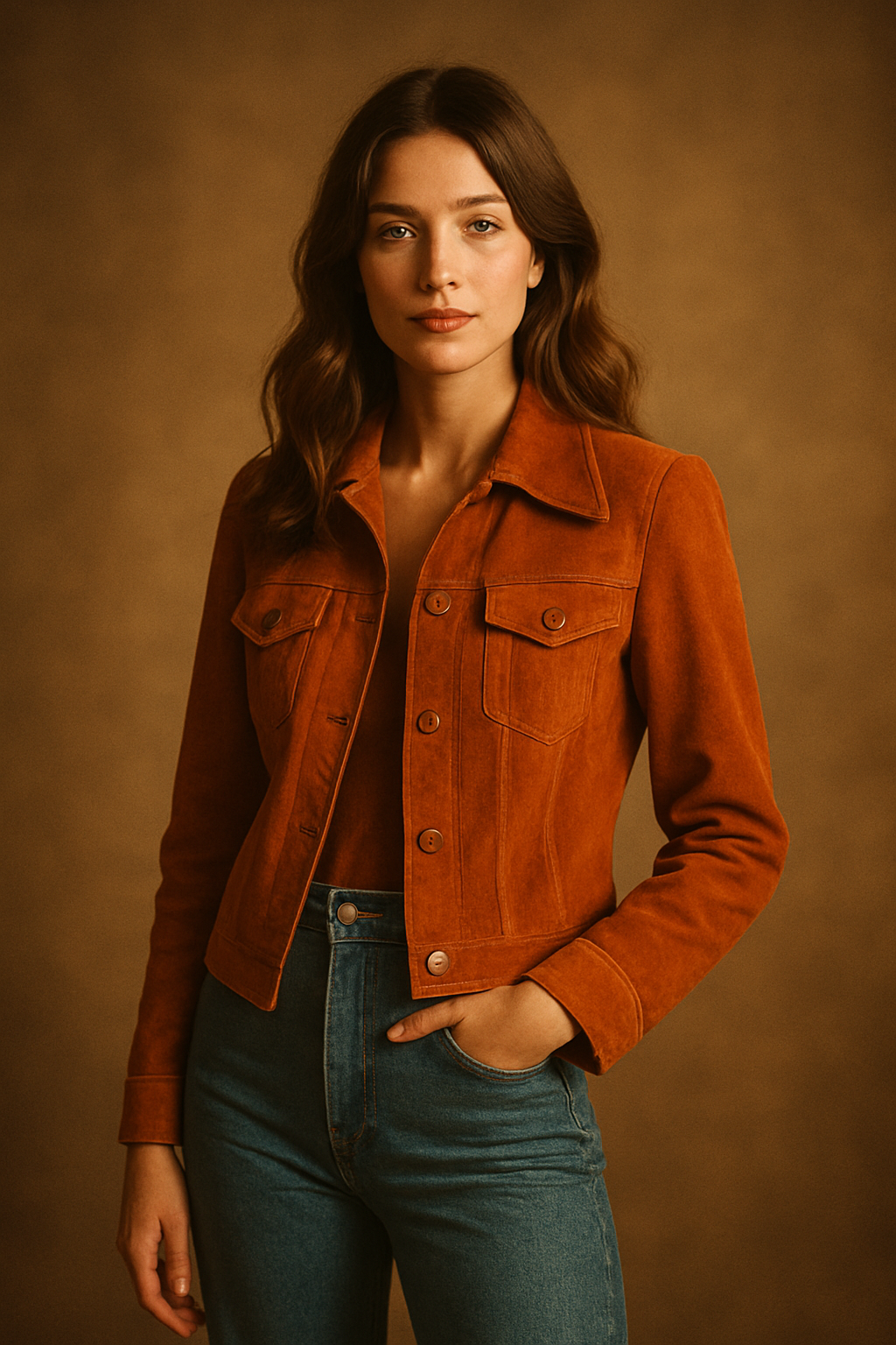 Editorial portrait of a stylish woman wearing a burnt-orange 70s suede jacket and high-waisted denim, photographed in warm golden film light
