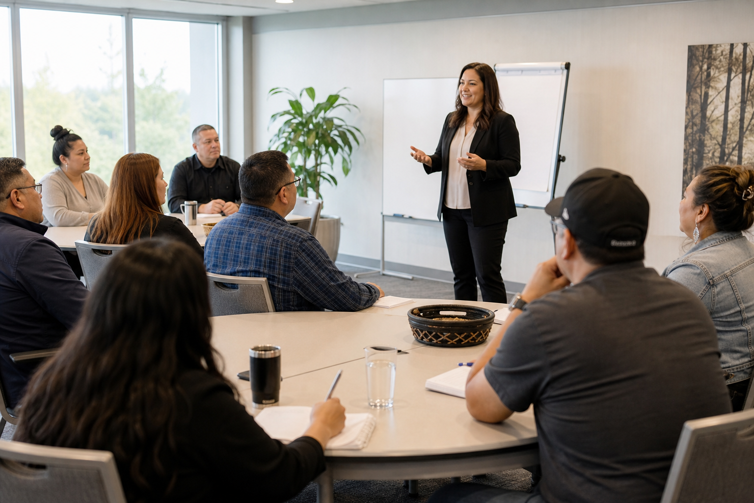 Facilitator leading a professional workplace training workshop with diverse participants taking notes in a bright conference room