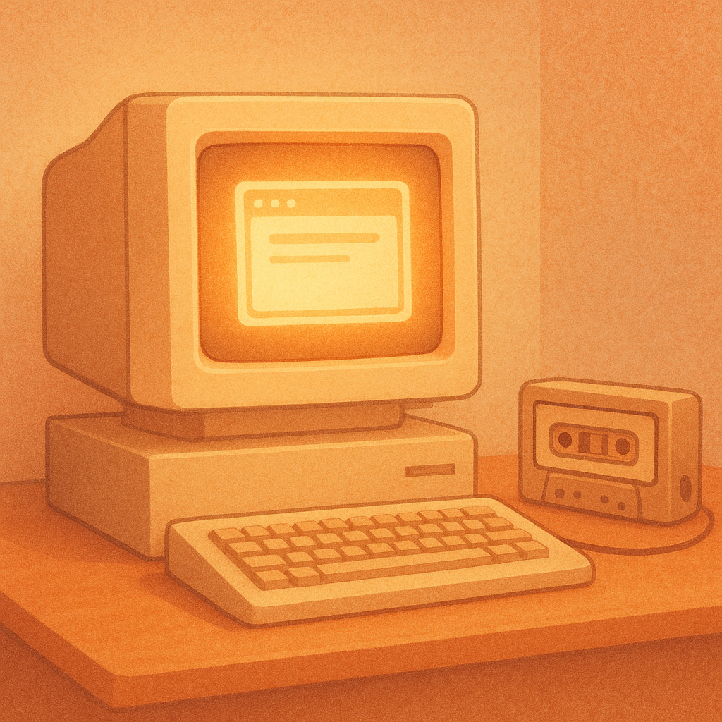 Retro pastel illustration of a vintage computer and cassette player displaying a glowing time capsule message on a warm analog desk