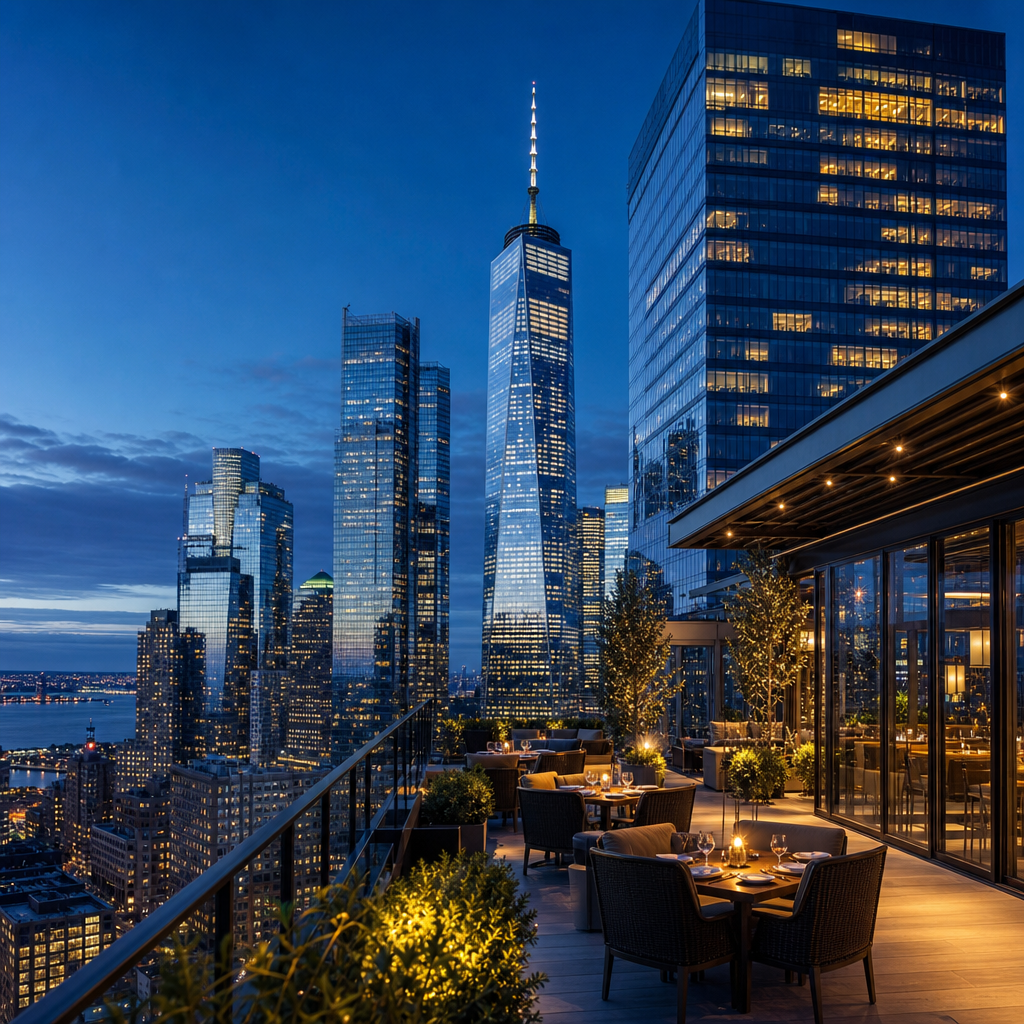 A small editorial city accent featuring illuminated modern towers, rooftop dining lights, and evening urban atmosphere