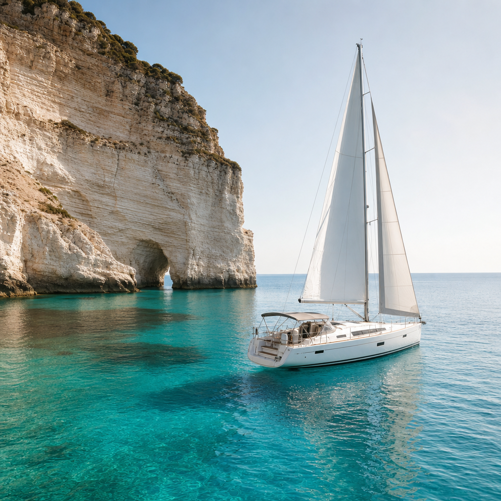 A compact editorial travel accent showing a private sailboat near pale cliffs and turquoise coastal water