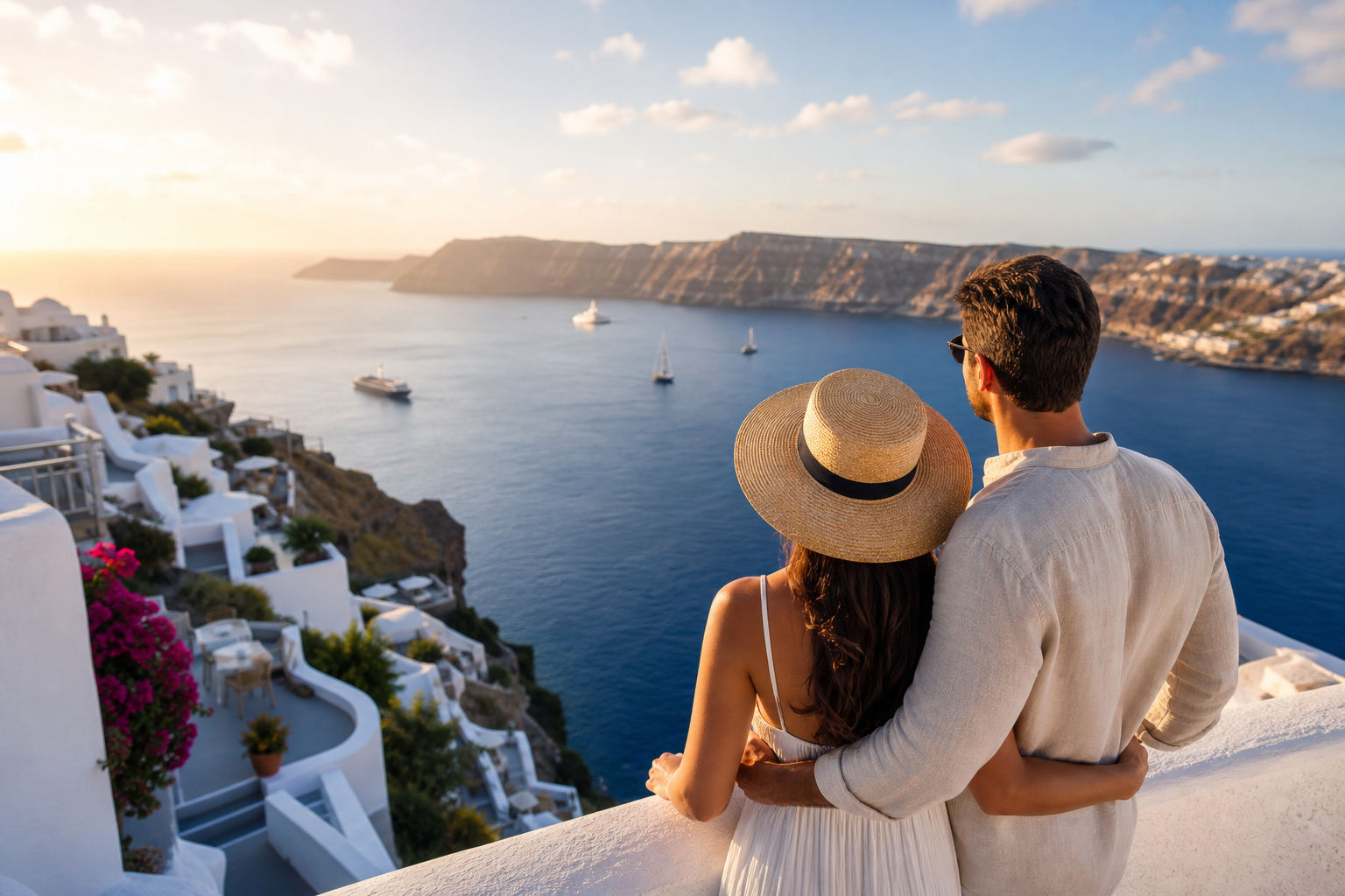 A refined Mediterranean coastline with white stone terraces, deep blue water, and a couple overlooking the bay at golden hour