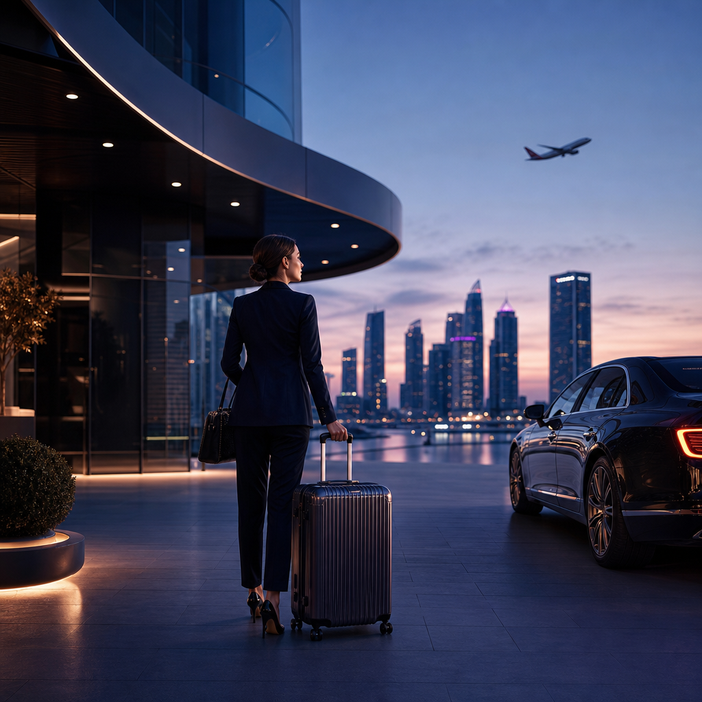 Elegant traveler arriving at a modern coastal terminal at golden hour, with premium luggage and a calm upscale destination atmosphere