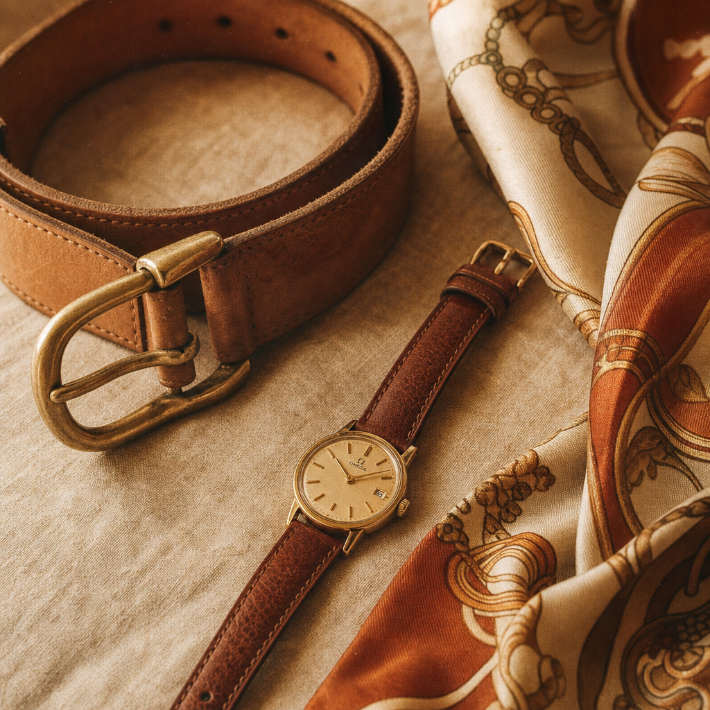 close-up of vintage accessories including a gold wristwatch, leather belt, and silk scarf on a linen surface