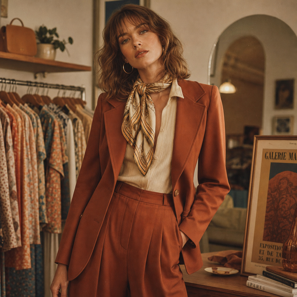 Fashion editorial portrait of a model wearing a terracotta 70s blazer and high-waisted trousers in a warm, film-inspired boutique setting