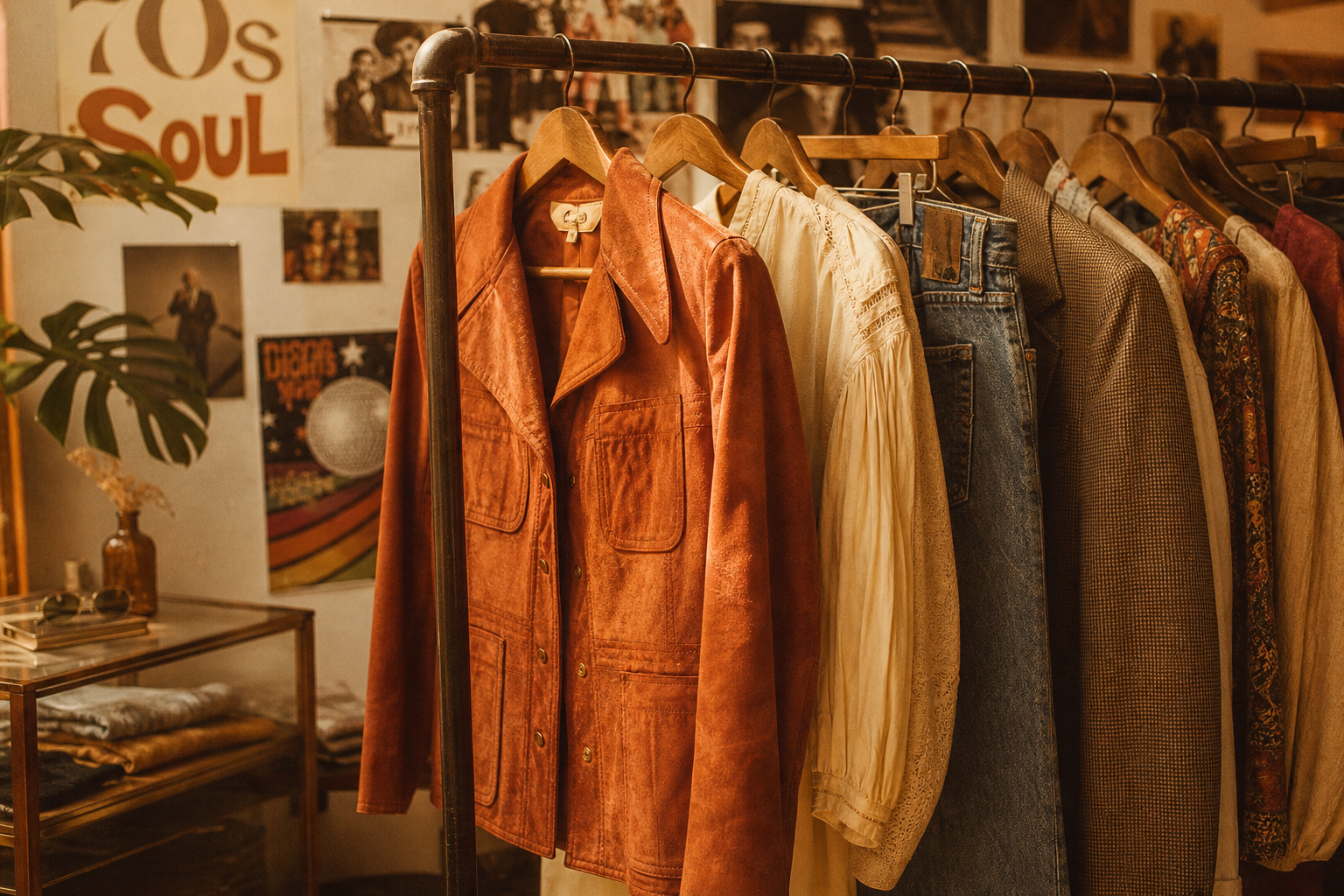 warmly lit boutique clothing rack featuring 70s and 80s garments in earthy tones