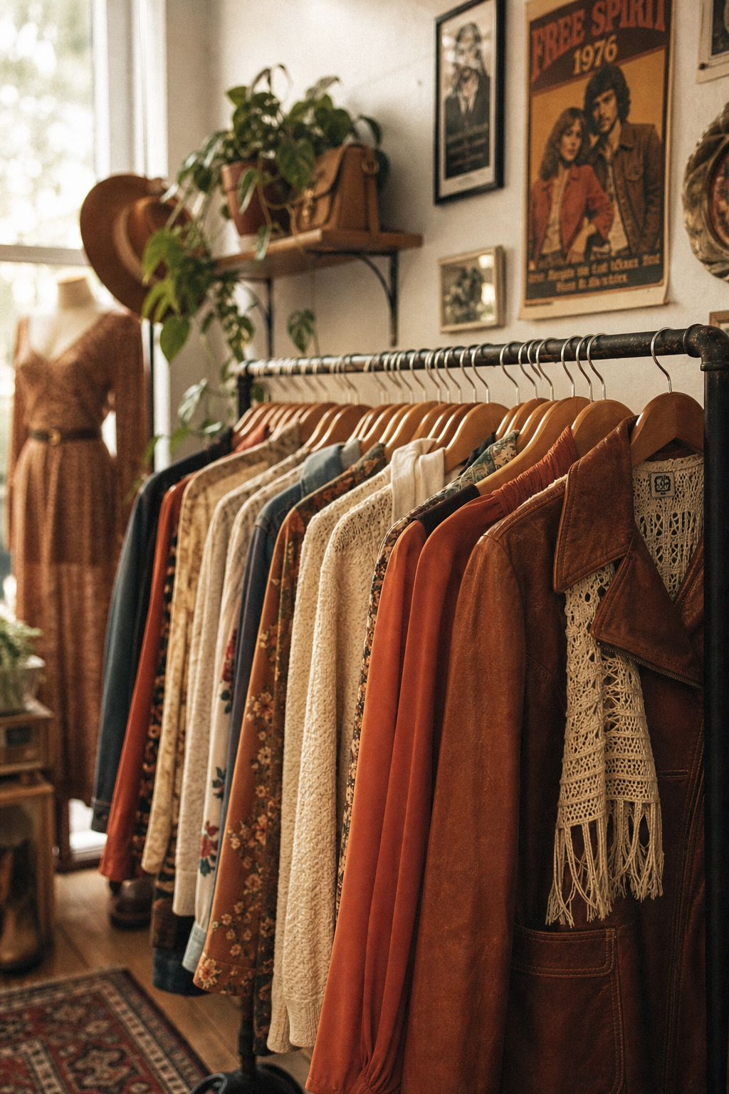 Warm film-style photo of a vintage clothing rack with 70s and 80s garments in earthy tones