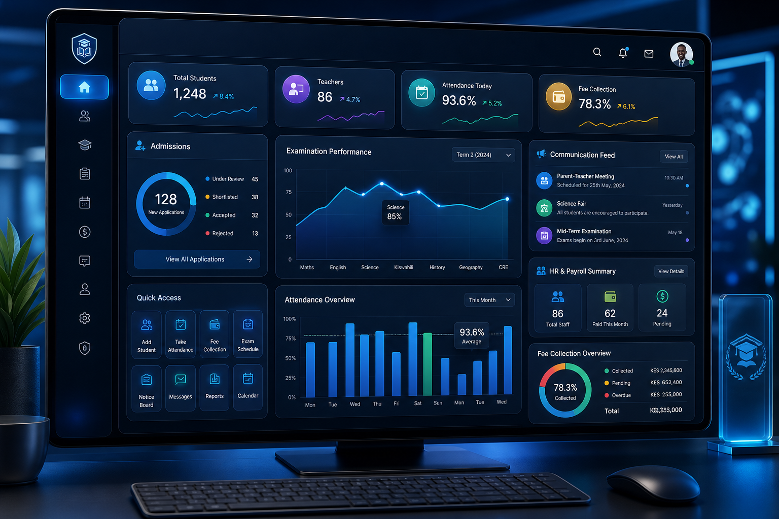 Sophisticated school management dashboard interface with analytics panels, student data cards, attendance charts, and fee tracking widgets inside a futuristic glass UI