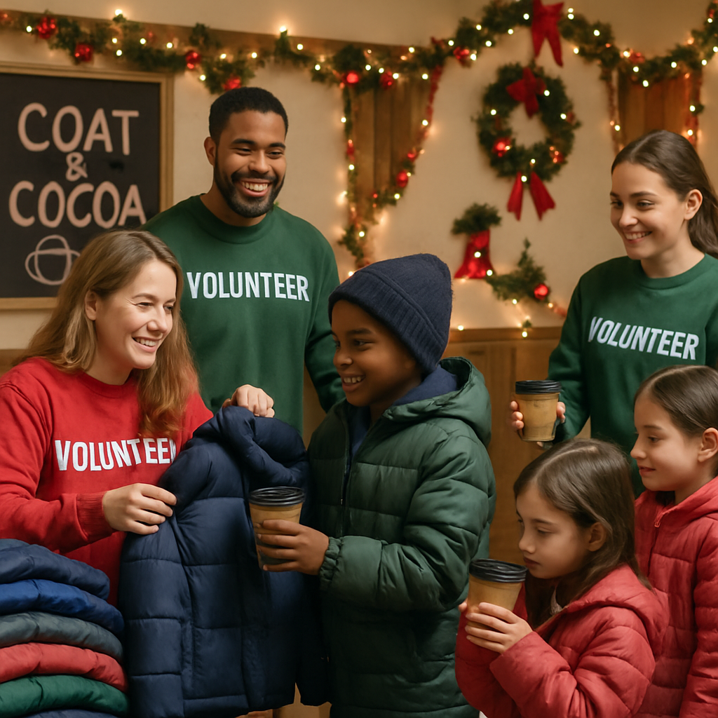 Volunteers distributing coats and cocoa in a decorated hall