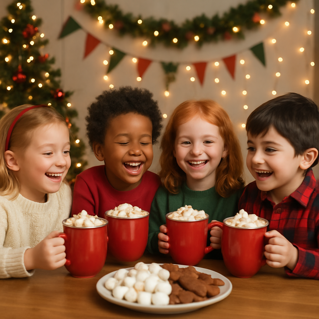 Children gathered around a table enjoying a hot chocolate party