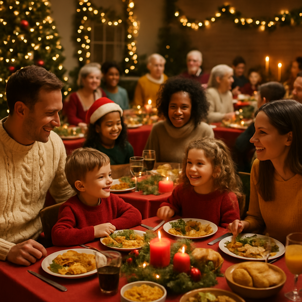 Community Christmas dinner with families enjoying festive meal