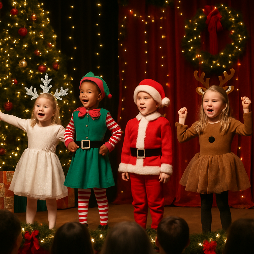 Children performing on stage with holiday costumes at event