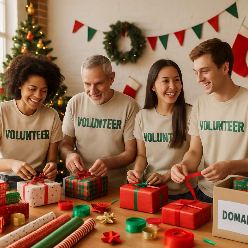 Volunteers wrapping Christmas gifts for children, festive atmosphere