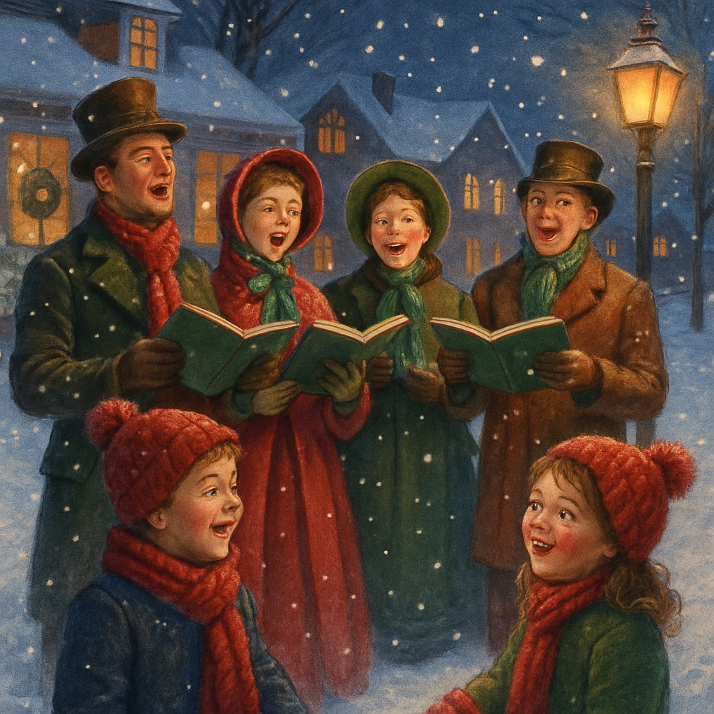 Carolers singing in snowy neighborhood as children watch with joy
