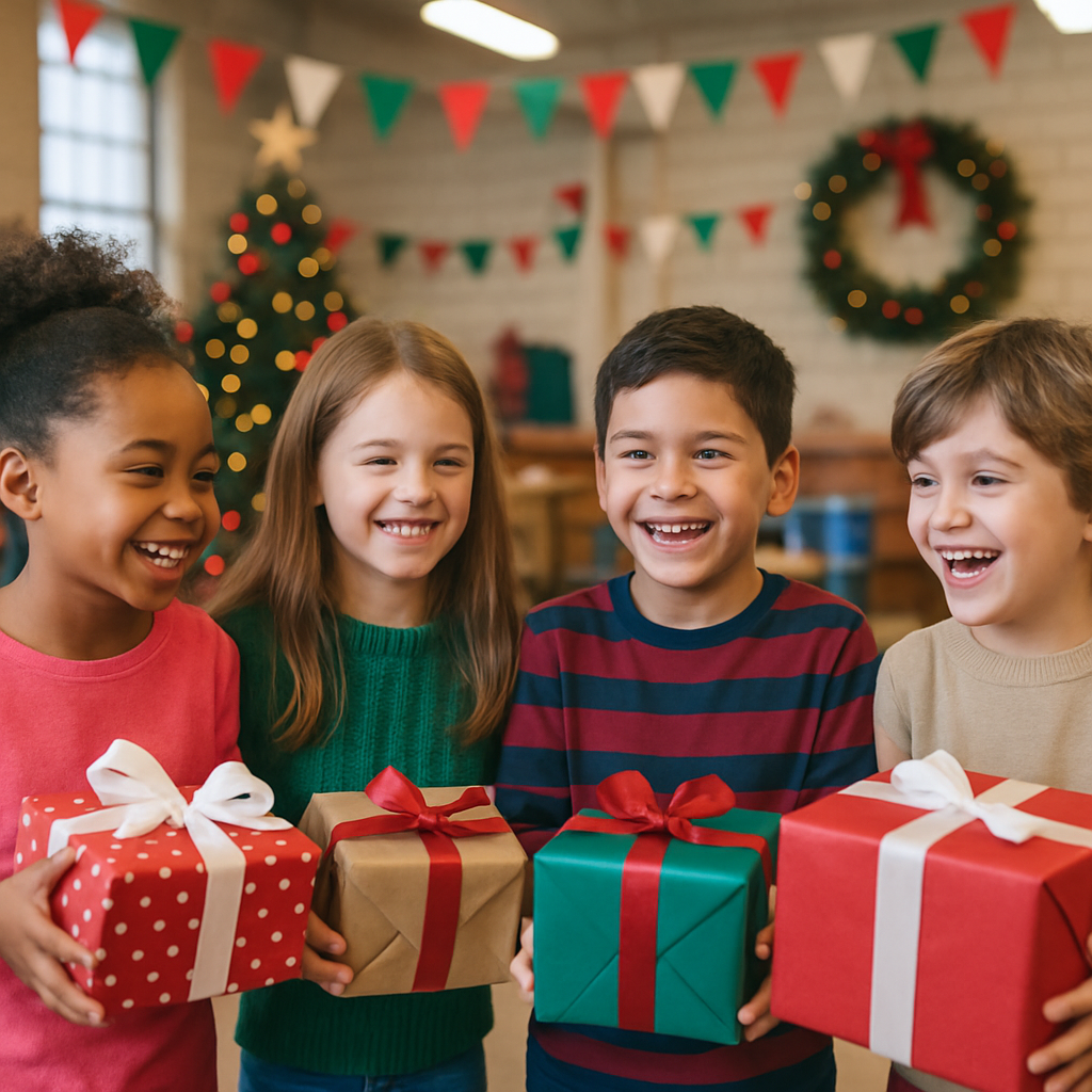 Children receiving wrapped presents with big smiles at a decorated community center