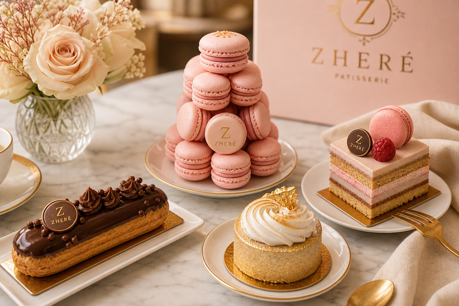Elegant assortment of French pastries on a marble table