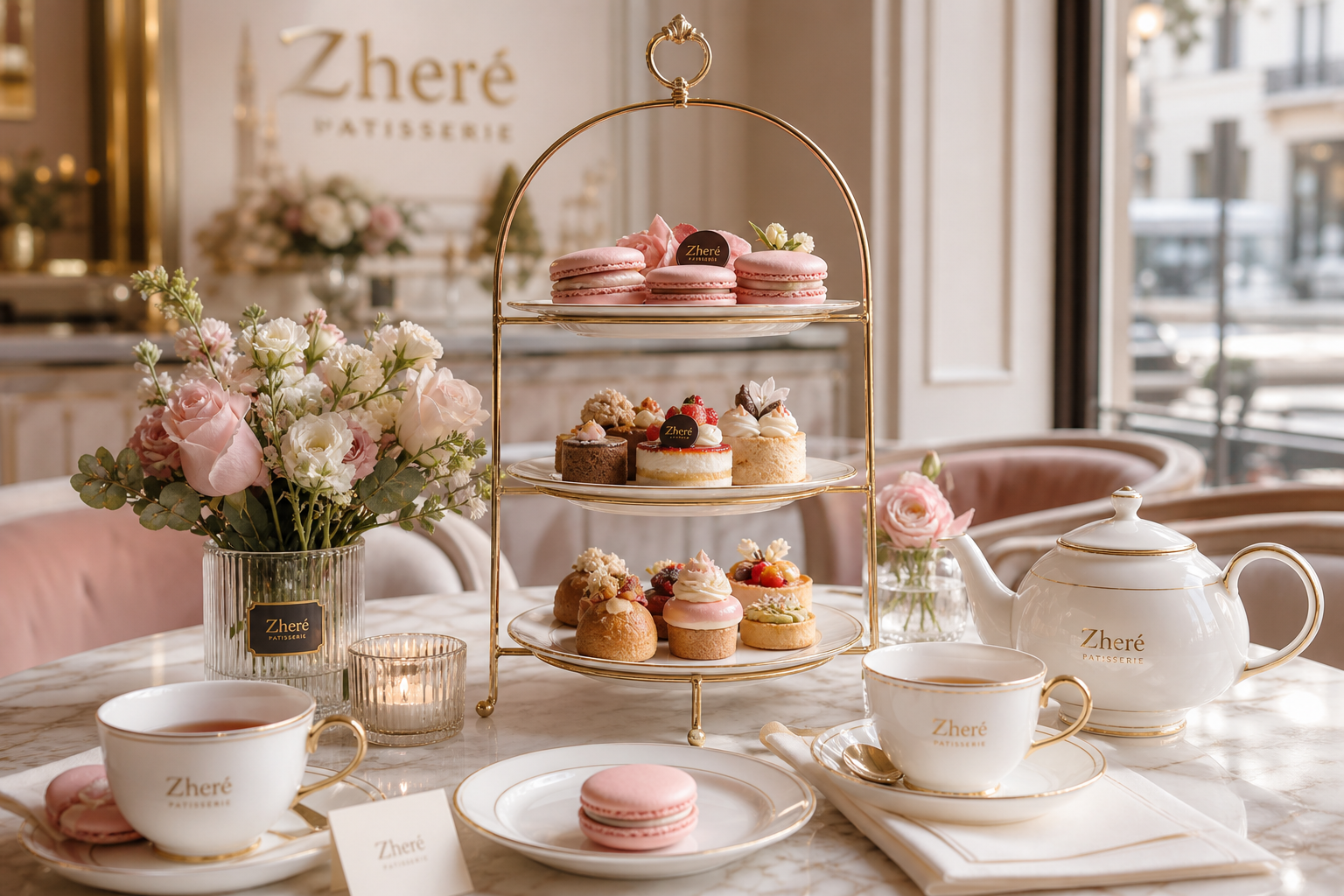 Elegant afternoon tea table with blush macarons, gold-accented porcelain cups, and soft cream linens in a boutique pastry salon.