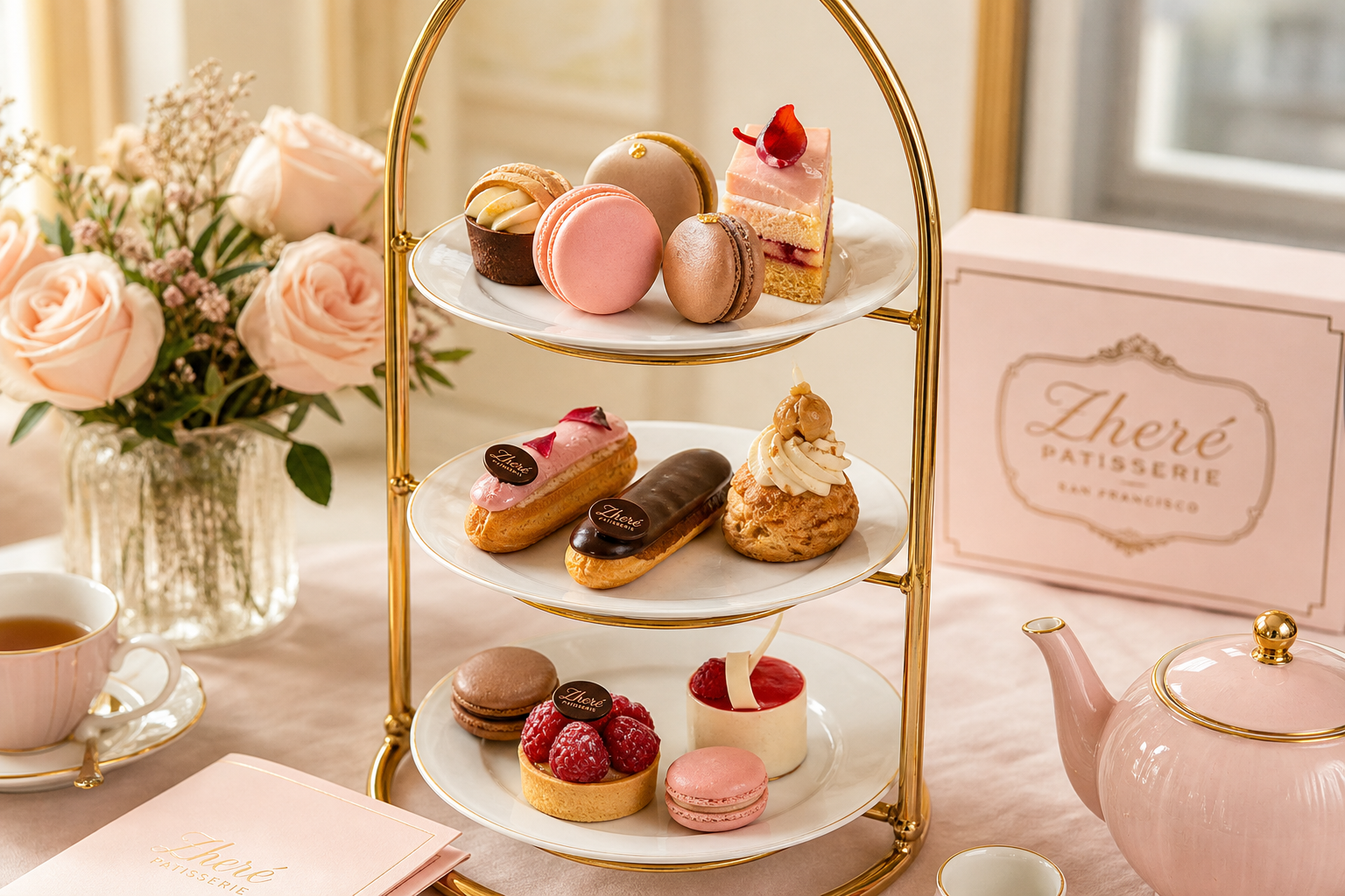 Elegant gold tiered afternoon tea stand with petite pastries, éclairs, and macarons on a blush table setting