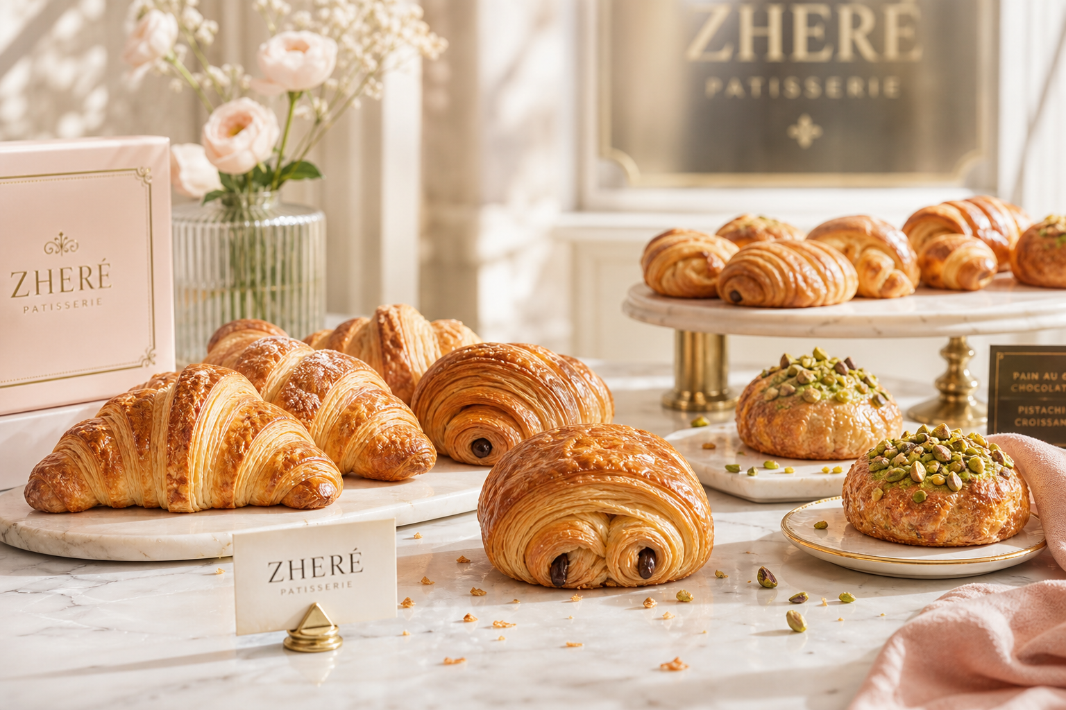 Luxurious assortment of golden croissants, pain au chocolat, and pistachio pastries on a marble counter with soft morning light