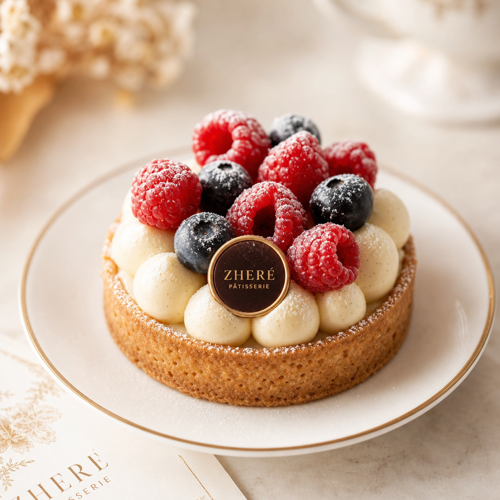 close-up of berry tart with vanilla cream and powdered sugar