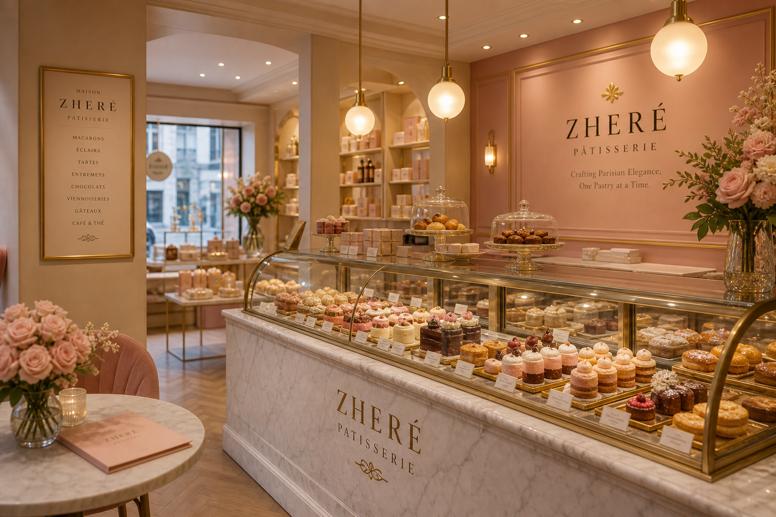 warm boutique interior with marble counter and pastry displays