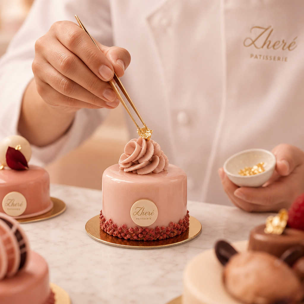 pastry chef placing gold leaf on a petit gâteau