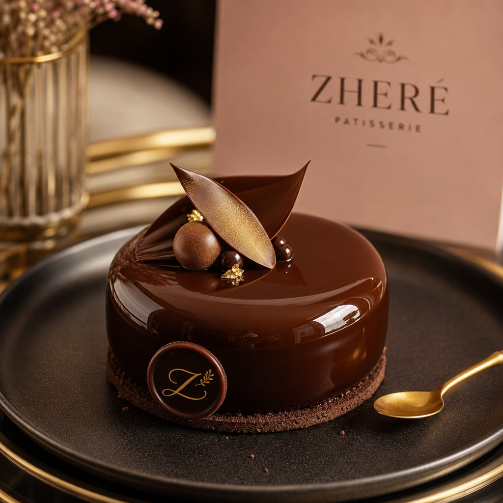 glossy chocolate entremet with cocoa glaze and gold spoon