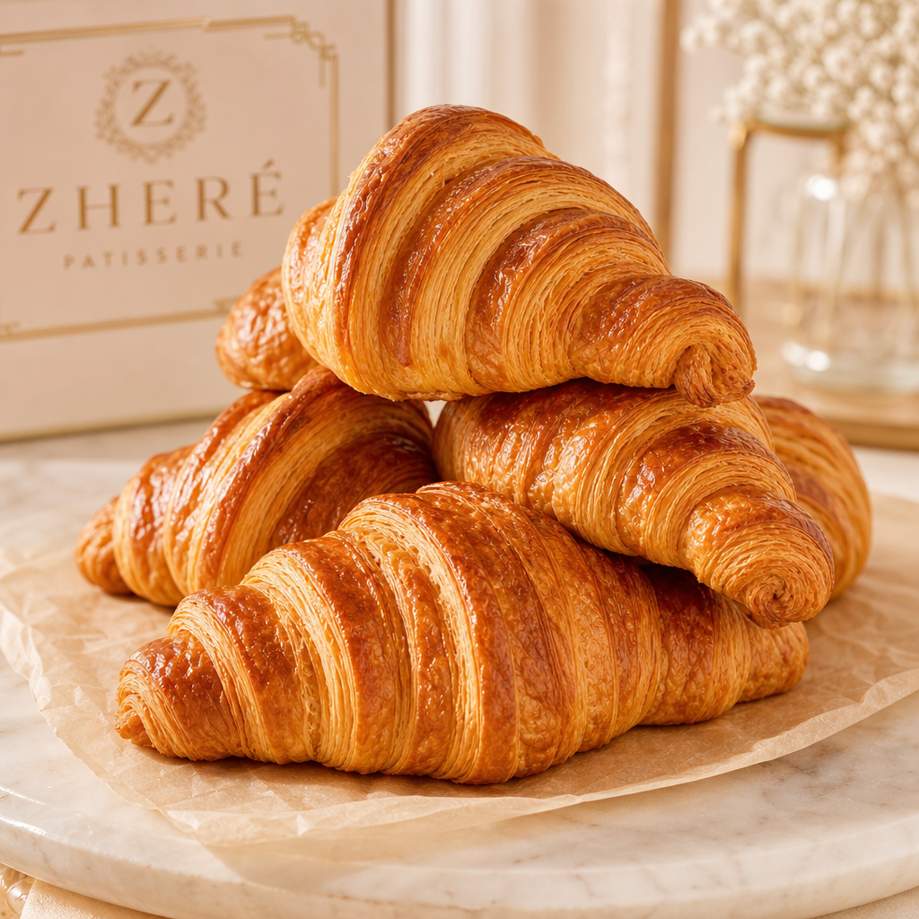 stack of honey-golden croissants with flaky layers