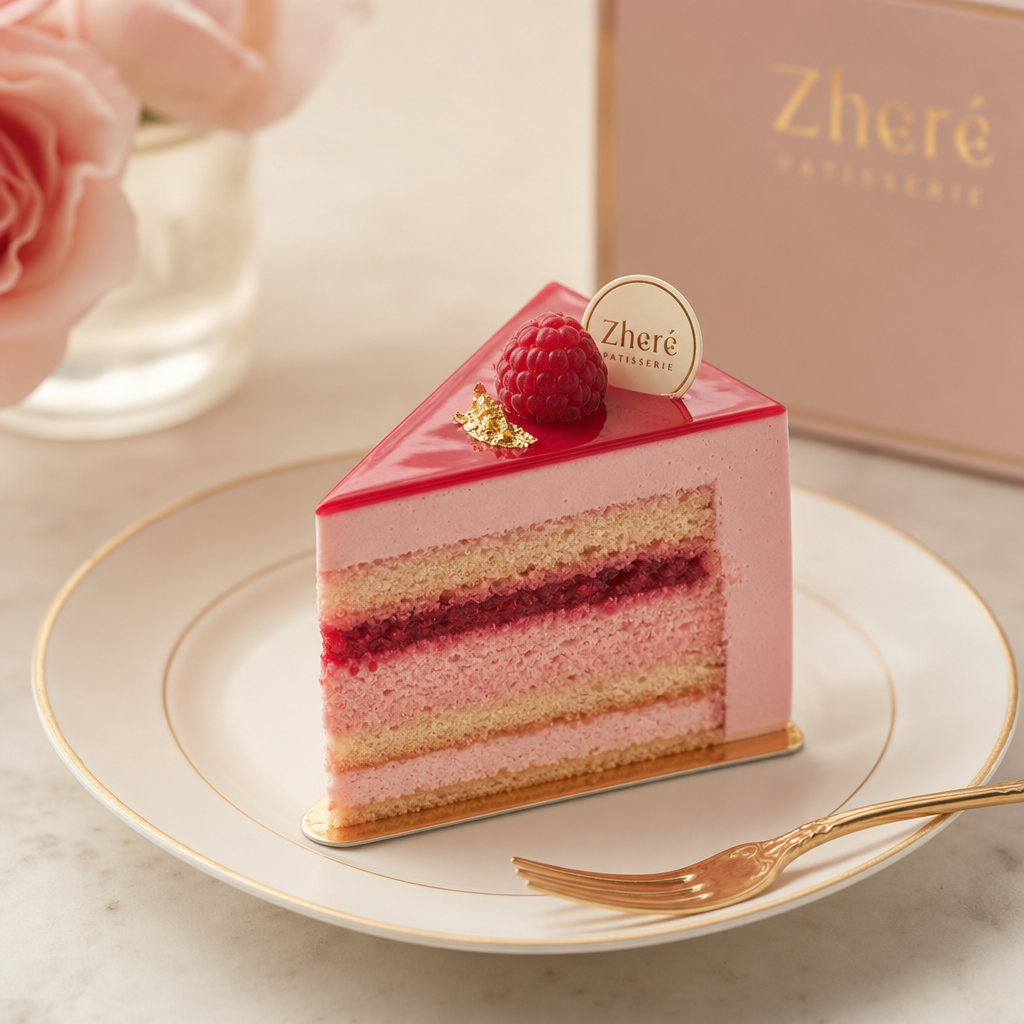 Elegant blush pink cake slice with gold leaf, raspberry glaze, and smooth buttercream on a porcelain plate