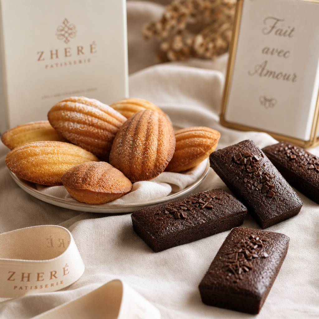 Handcrafted madeleines and chocolate financiers arranged on a linen cloth with warm, cozy lighting