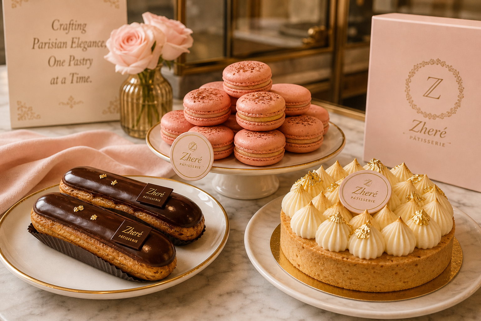 Luxurious Parisian pastry and dessert arrangement in soft cream and blush tones with gold accents