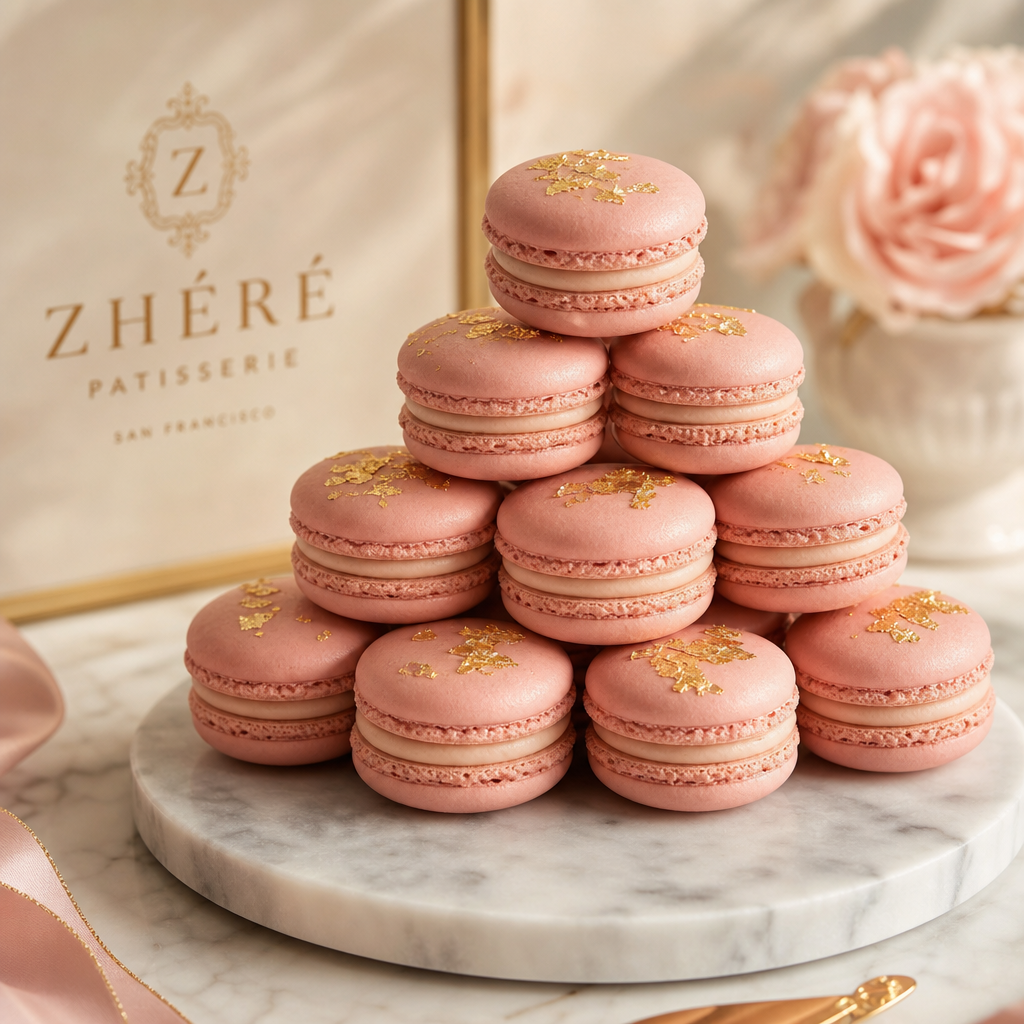 tower of blush pink macarons with gold leaf accents