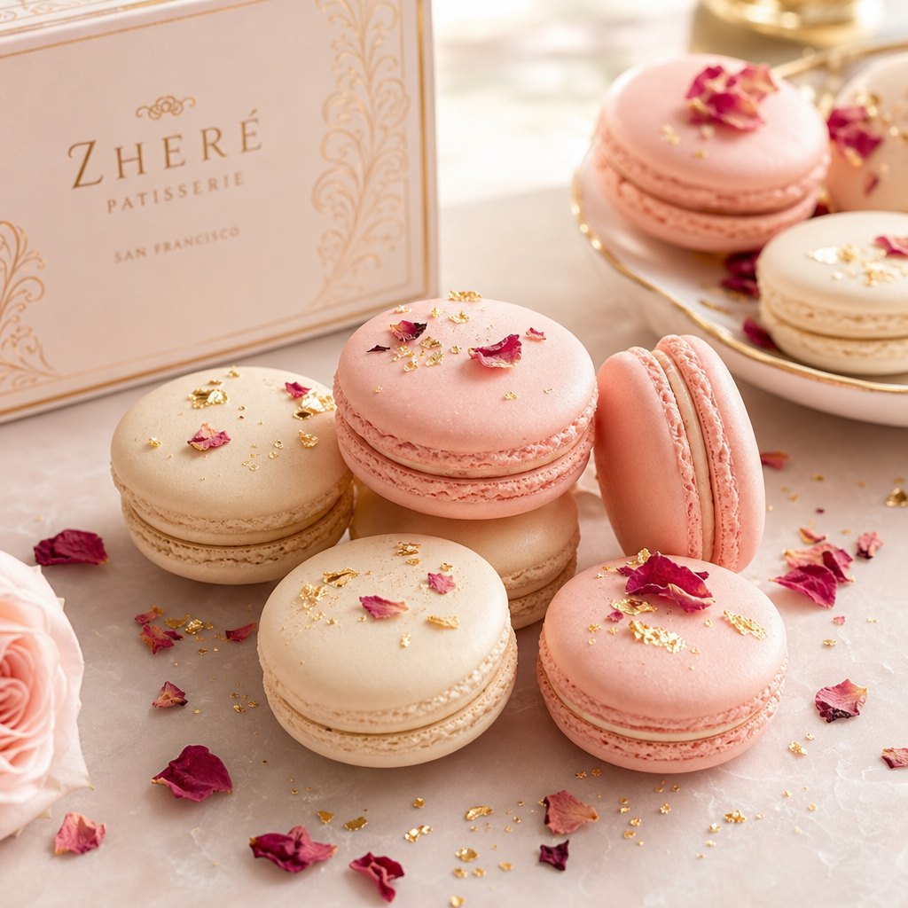 Seasonal assortment of blush and ivory macarons with rose petals and edible gold dust