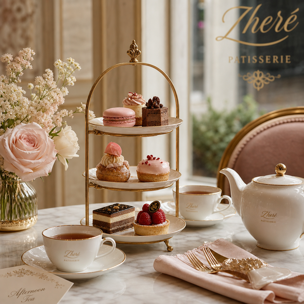 afternoon tea setup with porcelain cups, pastries, and soft linen