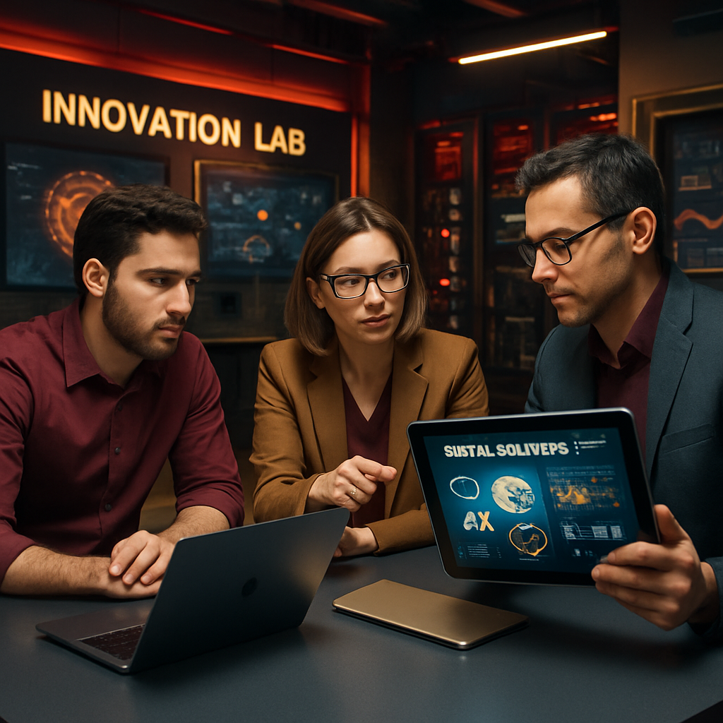 Ambiente de inovação tecnológica, profissionais analisando soluções digitais.
