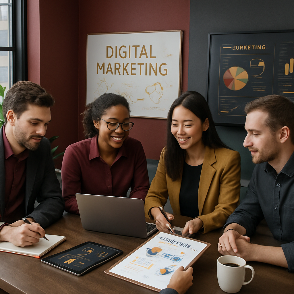 Equipe realizando planejamento de marketing digital, quadros e dispositivos digitais ao redor.