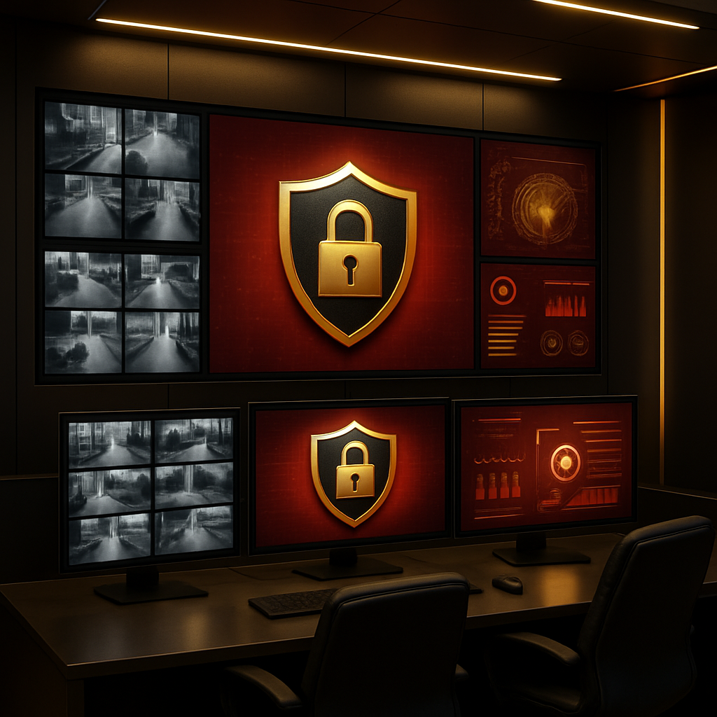 Painel de monitoramento de segurança empresarial, ambiente moderno e tecnológico.