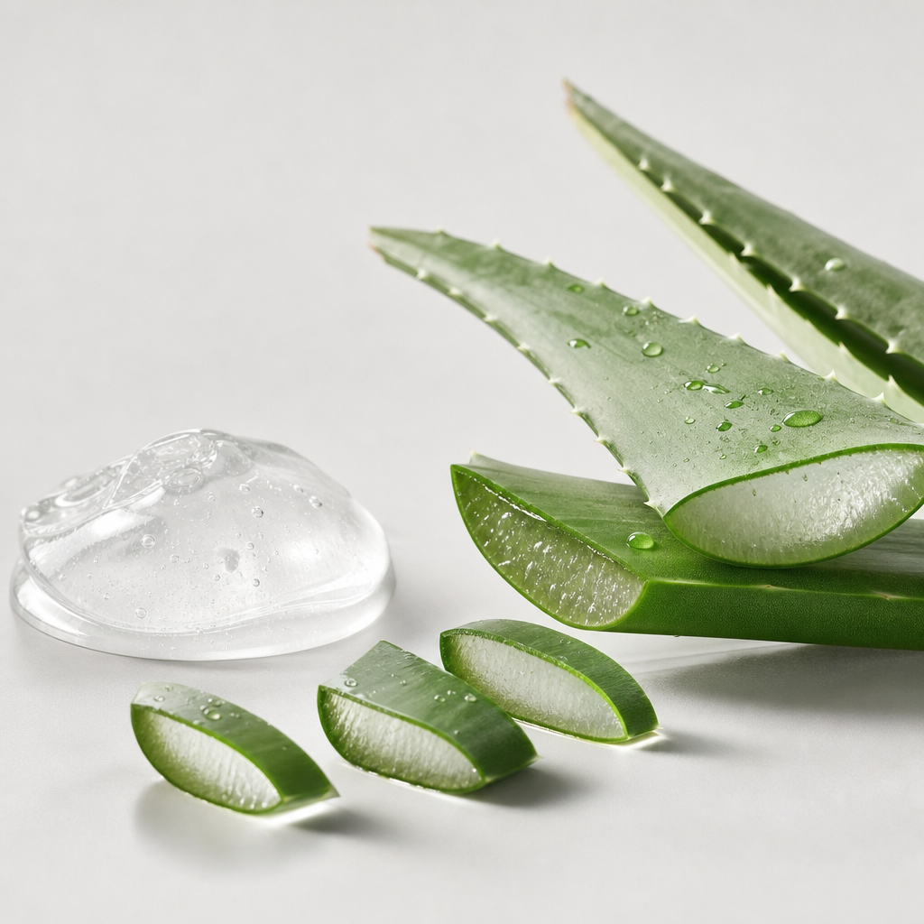 Minimalist studio composition of aloe vera leaves with translucent gel and clean highlights on a soft gray surface