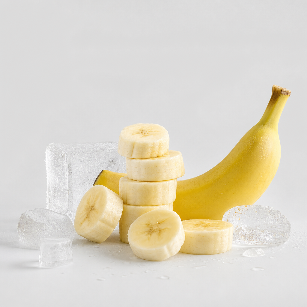 Premium studio composition of ripe banana slices with frosty ice accents and soft shadows on a light-gray backdrop