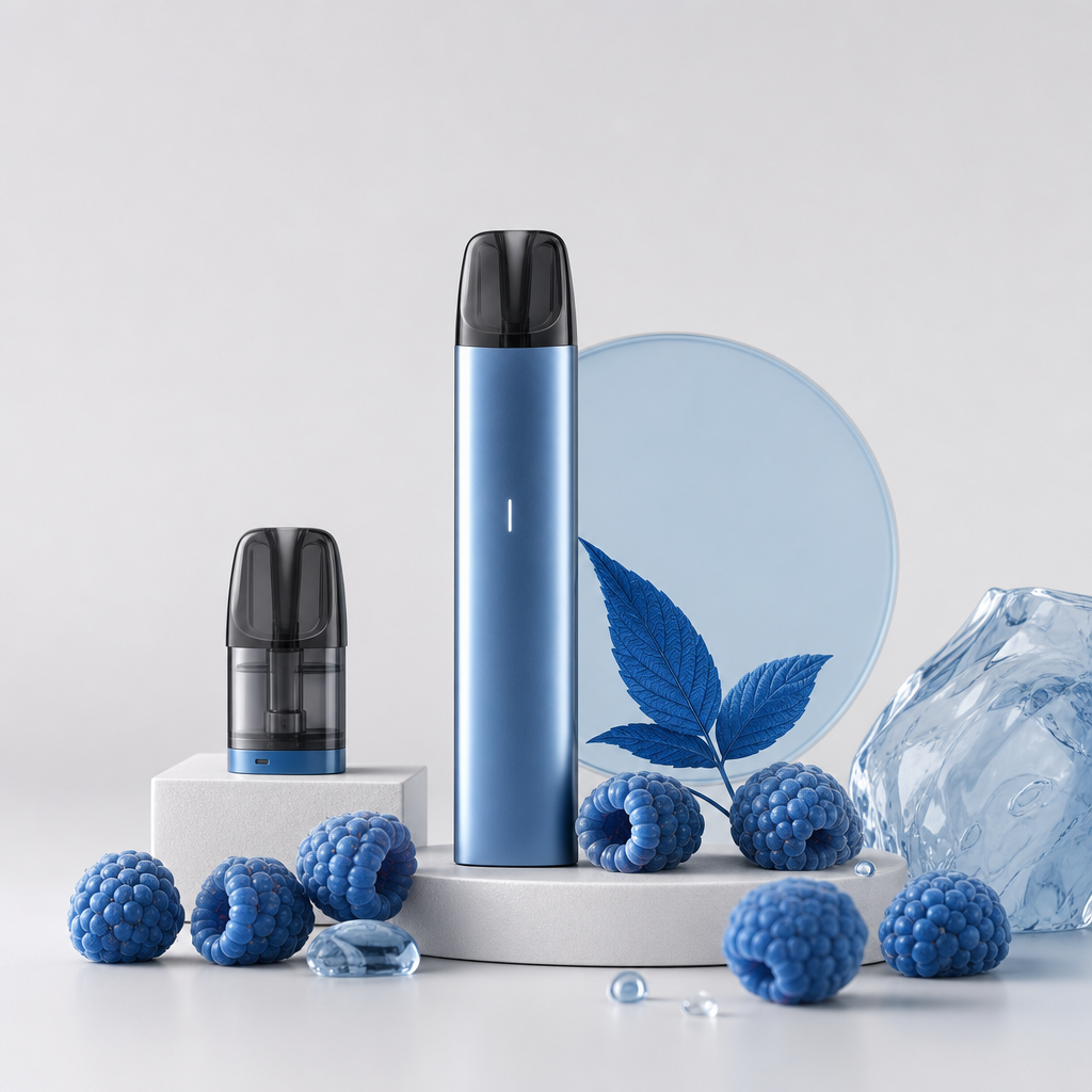 Premium studio composition of blue raspberry tones with raspberries and cool blue highlights on a light-gray background