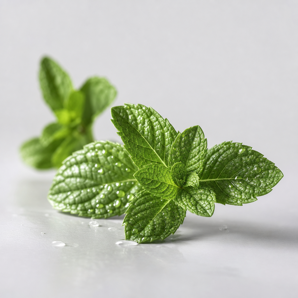 Elegant studio macro of fresh mint leaves with dewy texture and soft shadows on a clean light-gray surface