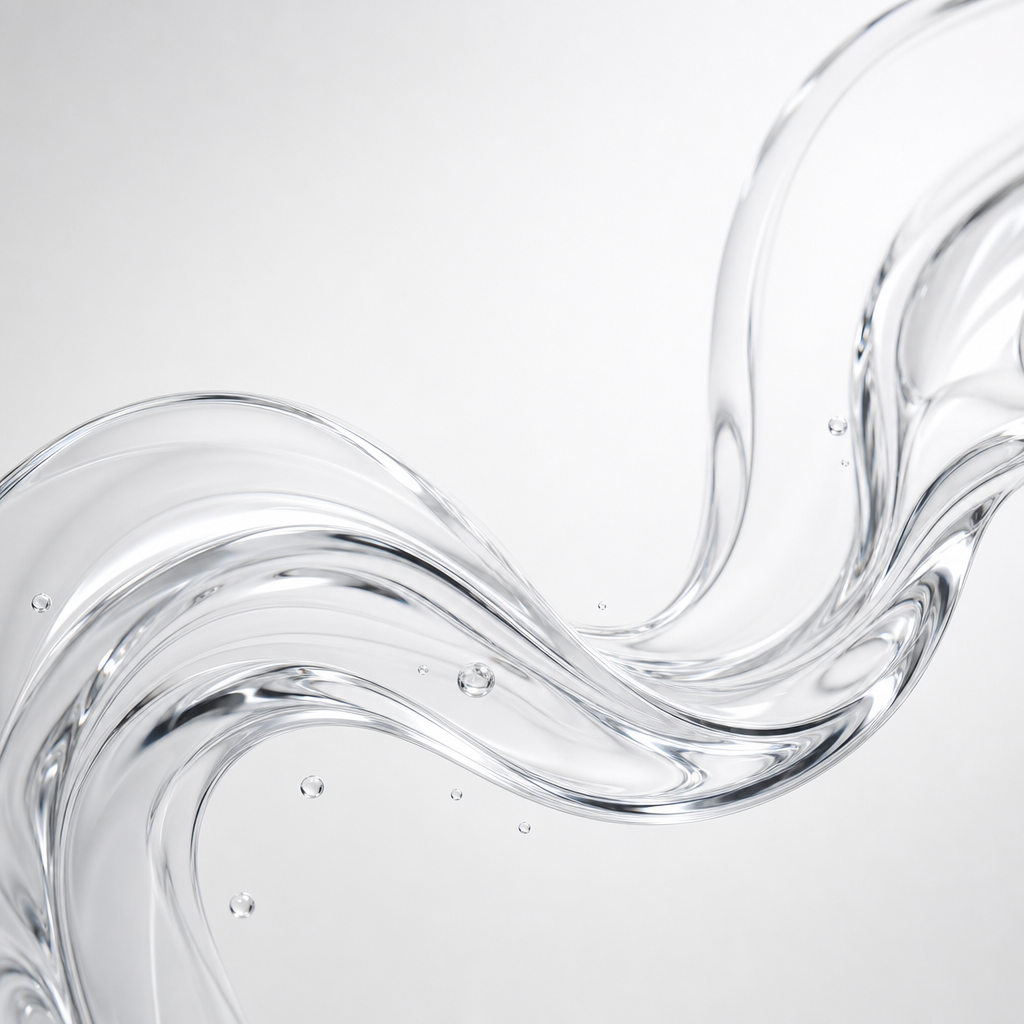 Minimalist abstract composition of pristine clear liquid swirls with soft reflections on a pale gray background