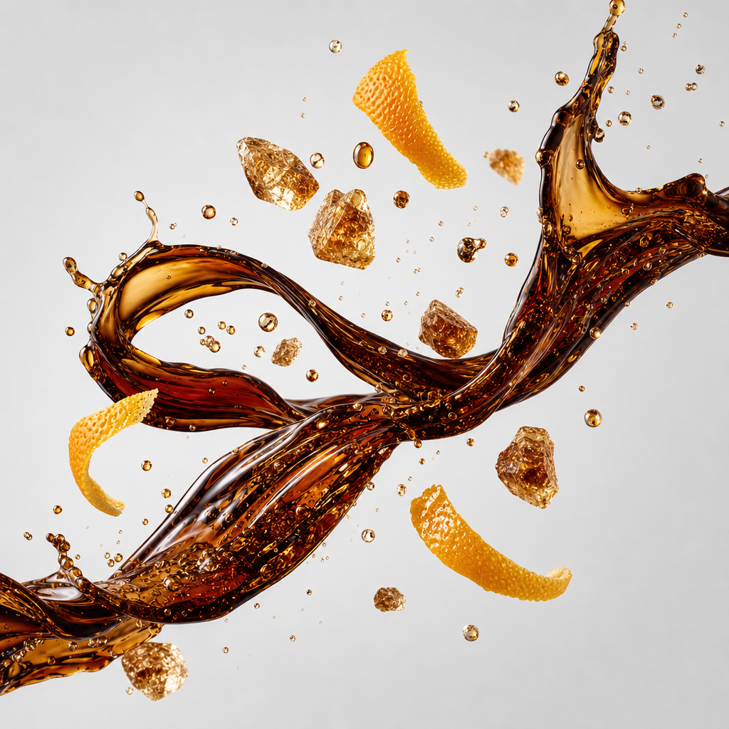 High-end studio composition of dark cola syrup ribbons with caramel crystals, citrus peel, and subtle effervescence on a light-gray background