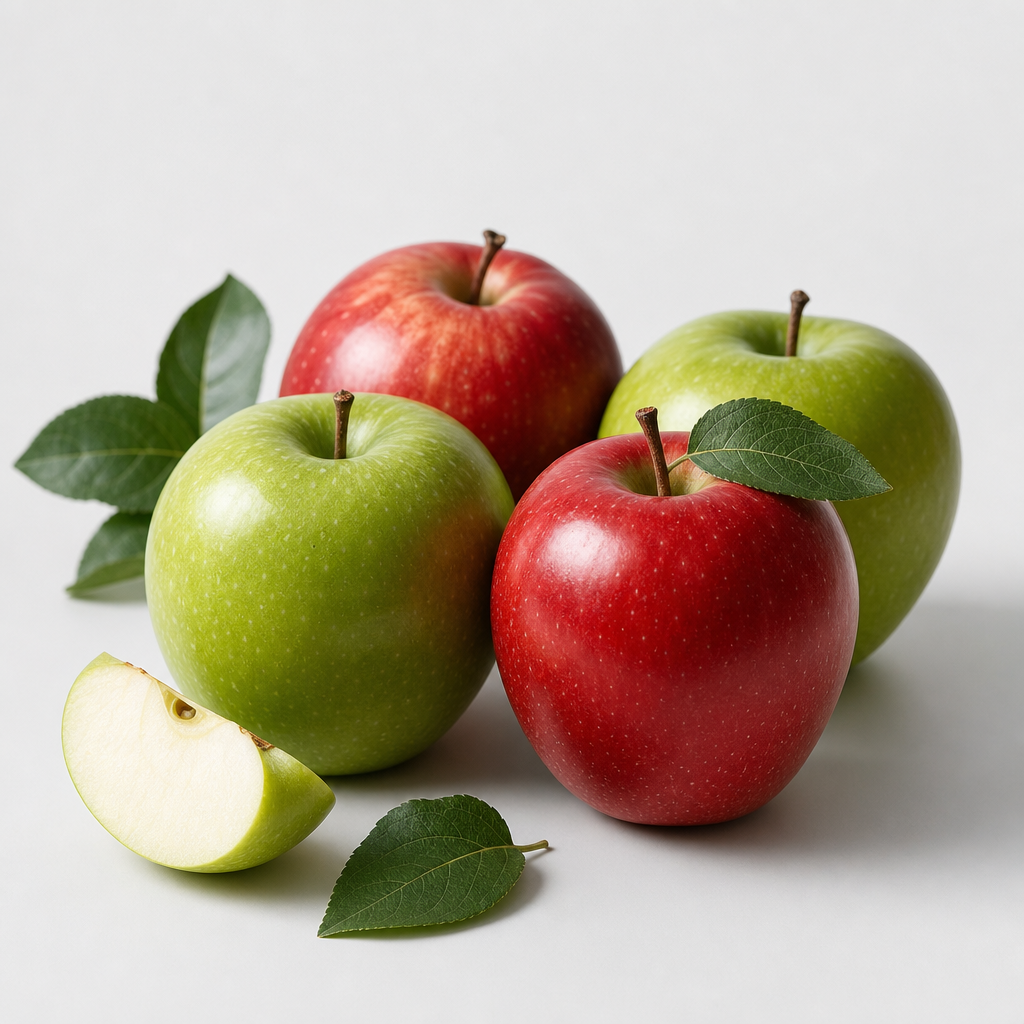 High-end studio still life of glossy red and green apples with subtle leaf accents on a pale gray background
