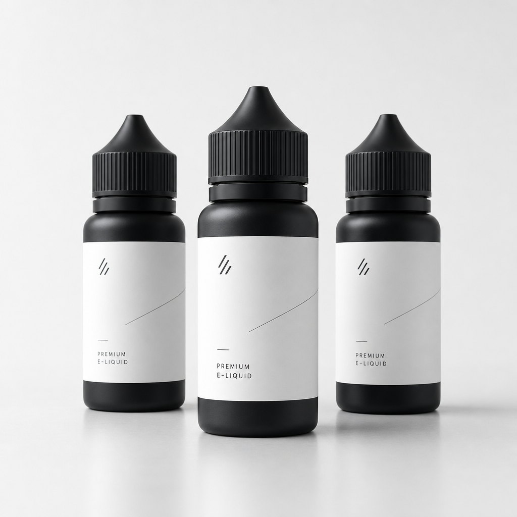 Three premium matte-finish e-liquid bottles with minimalist white labels and charcoal text, arranged in a clean studio setting.