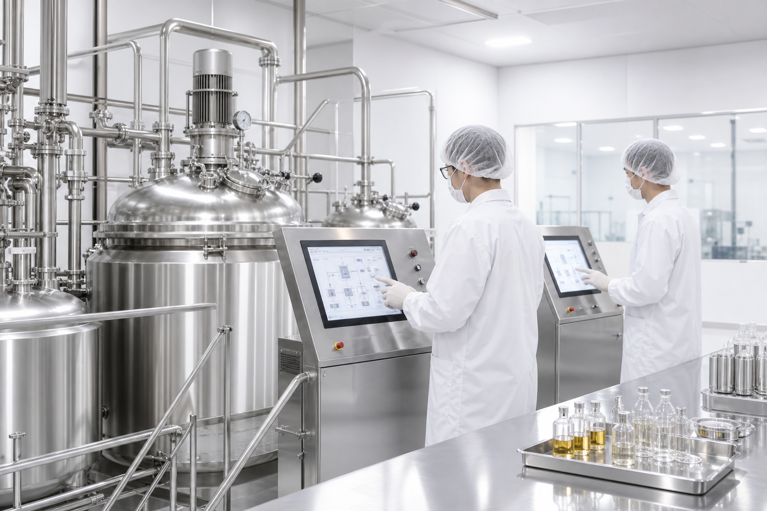 Sterile e-liquid quality lab with stainless steel mixing tanks and technicians in white coats