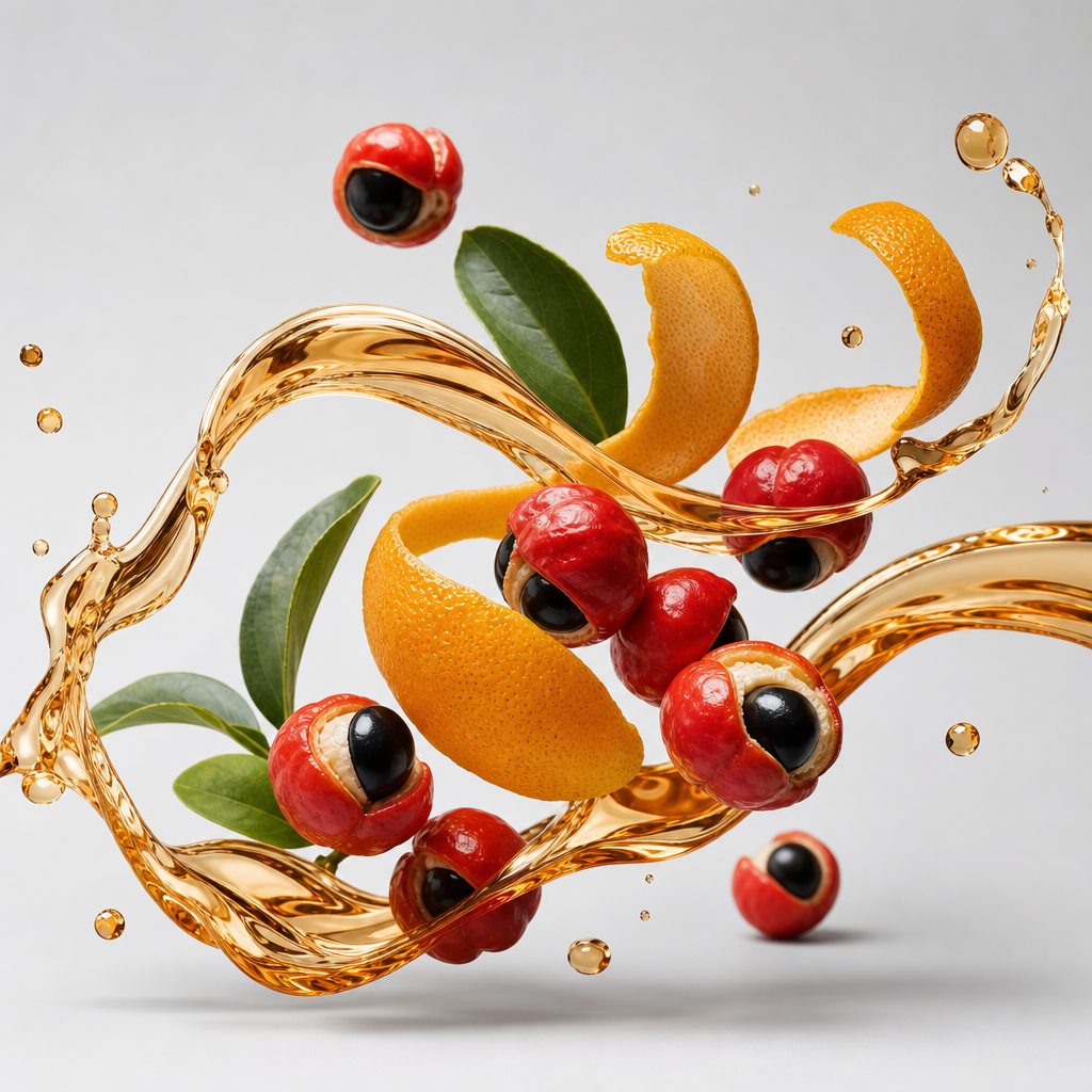 High-end studio arrangement of guarana berries, citrus peel, and energetic amber liquid swirls on a pale gray background
